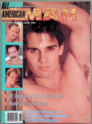 Cover of All-American Man magazine featuring a shirtless man with arms raised; smaller inset photos of four men on the left and bold title text above.
