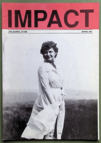 Cover of IMPACT Spring 1991 featuring a woman in a light coat posing in an open field (black-and-white photo).