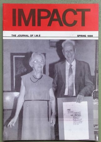 Cover of Impact magazine (Spring 1990) showing a smiling elderly woman in a sleeveless dress standing beside a man in a suit who holds a framed certificate.