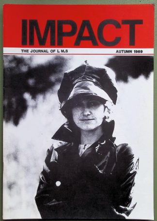 Magazine cover: 'IMPACT' in bold red at top, with 'Autumn 1989' and a black-and-white photo of a woman in a coat and wide-brimmed hat.
