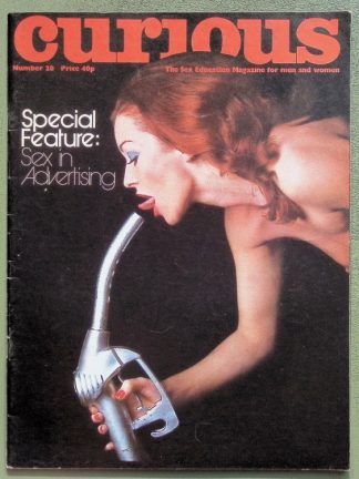 Cover of Curious magazine featuring a red-haired woman leaning toward a curved metal sex toy with the headline 'Special Feature: Sex in Advertising'.