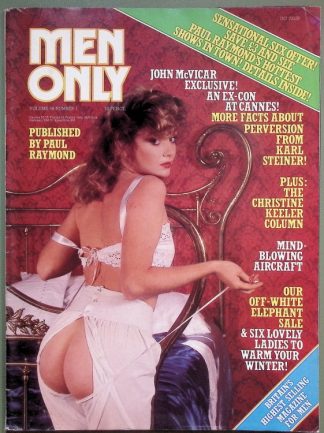Model in white lingerie on a bed, back turned, on a vintage 'Men Only' magazine cover.