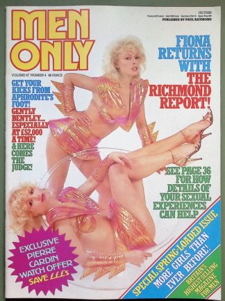 Cover of Men Only magazine with two blonde women in pink metallic outfits posing, and bold headlines about Fiona and the Richmond Report.