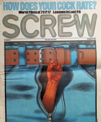 Magazine cover for Screw with a hand pulling open a pair of blue jeans at the zipper and the headline 'HOW DOES YOUR COCK RATE?'