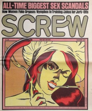 Vintage adult magazine cover titled SCREW with a stylized illustration of a woman smoking a cigarette and bold headlines about sex scandals.