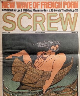 Cover of Screw magazine featuring a stylized nude woman seated in a wooden boat, with the bold red headline 'NEW WAVE OF FRENCH PORN' above.