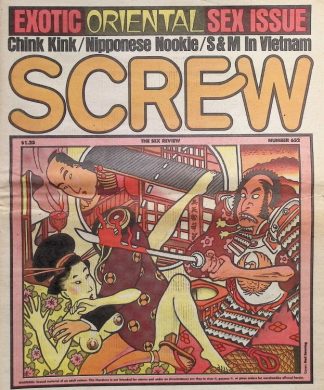 Cover of an adult magazine titled SCREW, featuring an erotic illustrated scene with a seated woman and two armored men; banner reads Exotic Oriental Sex Issue.