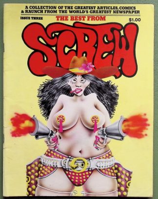 Vintage comic cover featuring a topless woman in a red hat firing two pistols, with a bold red 'SCREW' title on a yellow background.