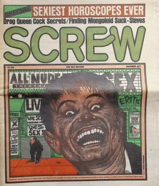 Cover of the adult magazine SCREW with a large green title and a close-up of a shocked man’s face in front of a lurid theater backdrop.