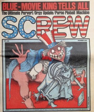 Cover of Screw magazine: a grotesque pink creature in a blue coat and top hat menaces a silver armored knight on a red floor; bold, star-spangled screw logo above.