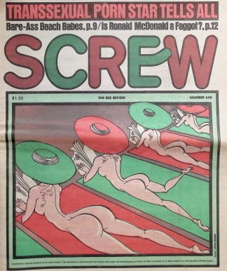 Cover of an adult magazine titled SCREW with large colorful letters; nude women lying on beach towels beneath green and red discs, with headlines about transgender porn star and bare beach babes.