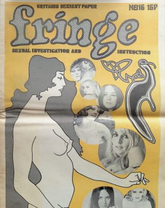 Vintage-style magazine cover for 'Fringe' with a large pregnant nude silhouette, yellow background, and collage of circular portrait cutouts surrounding a serpent motif and ornate typography.