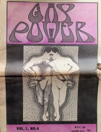 Vintage magazine cover titled 'Gay Power' with a purple banner; central black-and-white illustration shows two nude men embracing inside a dotted frame, set against a black background, pink footer notes.