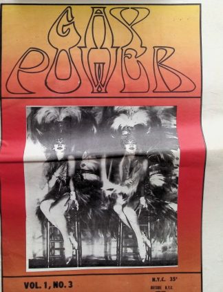 Poster for 'Gay Power' with an orange-to-pink gradient header and a black-and-white photo of two showgirls in heels seated on chairs, on a red border.