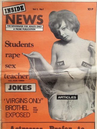 Orange cover of an adult magazine titled Inside News, featuring a topless woman and bold headlines about sex and scandals.