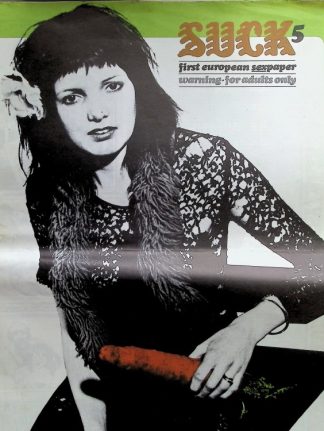 Black-and-white magazine cover featuring a woman in a lace top and fur scarf, with bold 'SUCK' text and 'warning—for adults only' in the top right.