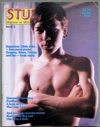 Cover of STUD magazine, issue 5, featuring a topless man with arms crossed and blue text headlines; price £2.50 Adults Only.