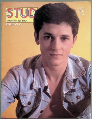 Cover of STUD magazine for men, edition 13, featuring a young man in a light denim jacket against a yellow background; price £2.50, Adults Only.