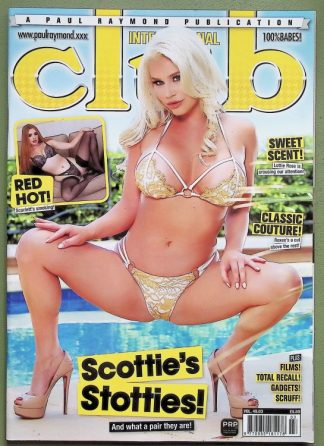 Blonde woman in a gold bikini posing by a pool on an adult magazine cover with bold yellow and black headlines